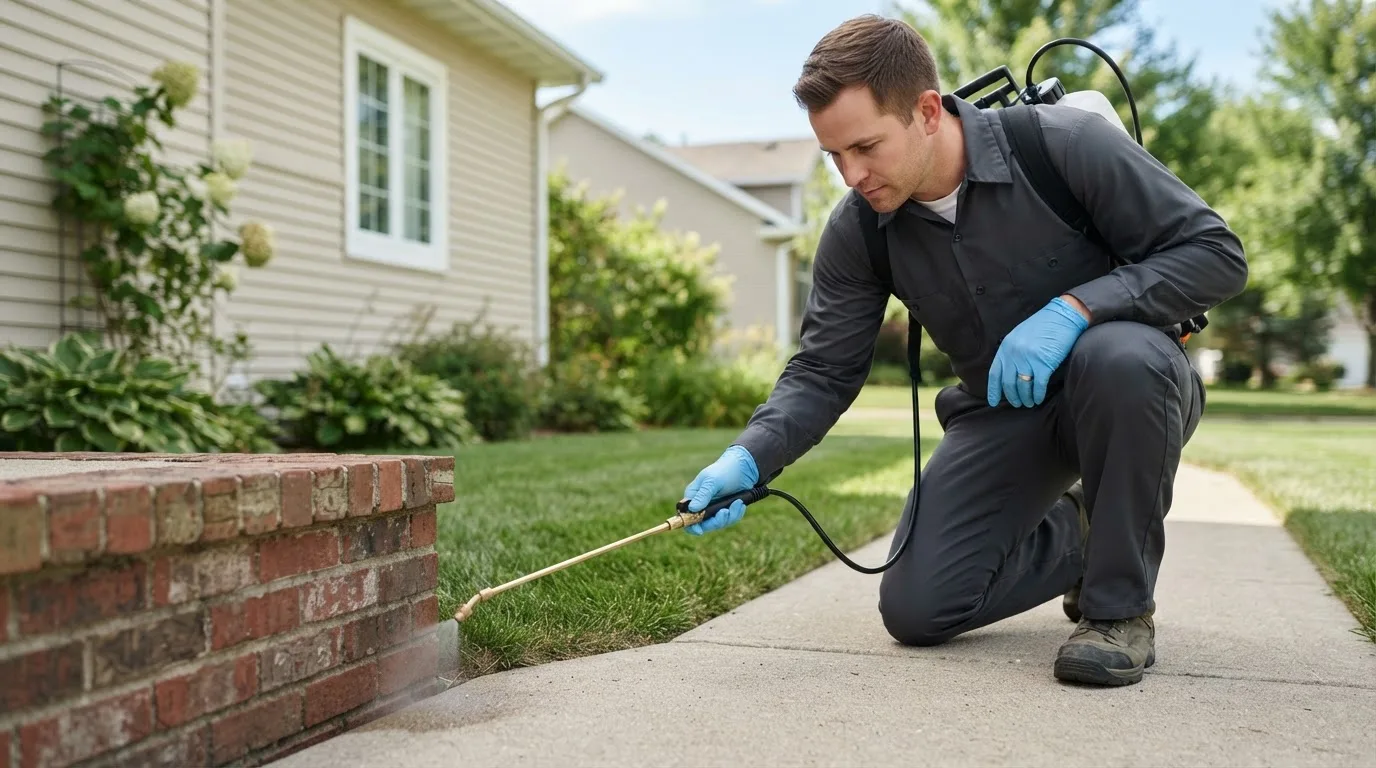 Pest control technician treating a home near Myra, TX